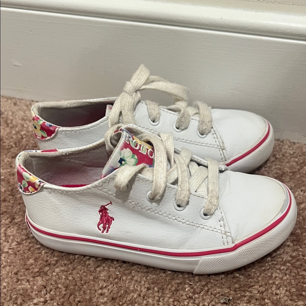 Ralph Lauren White Sneakers with Pink Polo Accent and Floral Heel